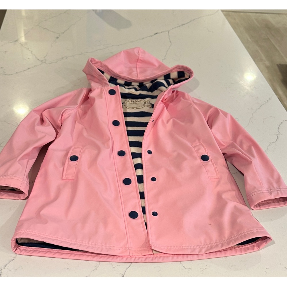 Hatley Pink Kids Hooded Raincoat with Navy Stripe Lining - Picture 2 of 9